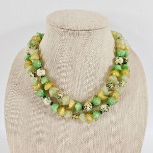 Vintage Hong Kong Green Double Strand Beaded Plastic Flower Faux Pearl Necklace